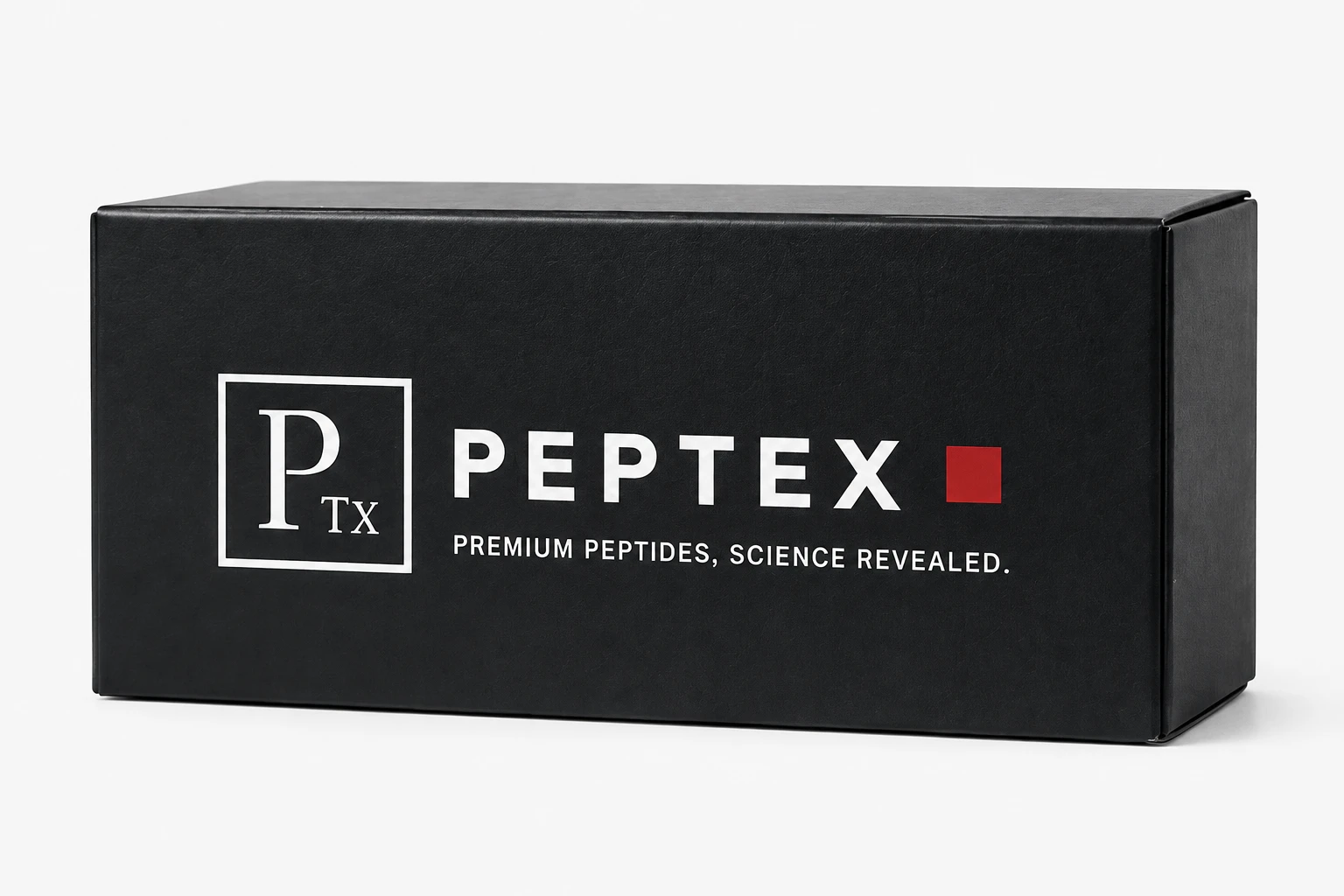 Zwarte Peptex productverpakking met het huislogo, op marmer in zacht daglicht