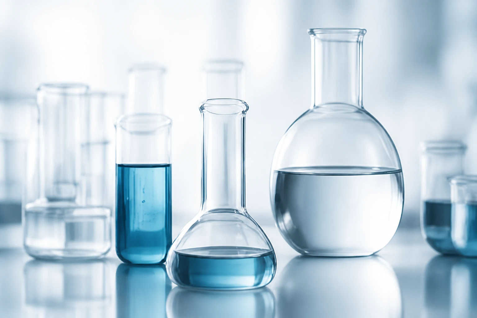 Laboratoriumglaswerk met blauwe vloeistof