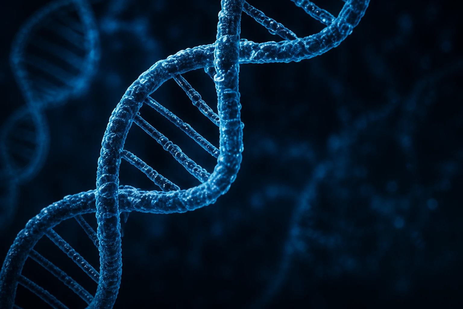 Blauwe DNA-dubbele helix op donkere achtergrond