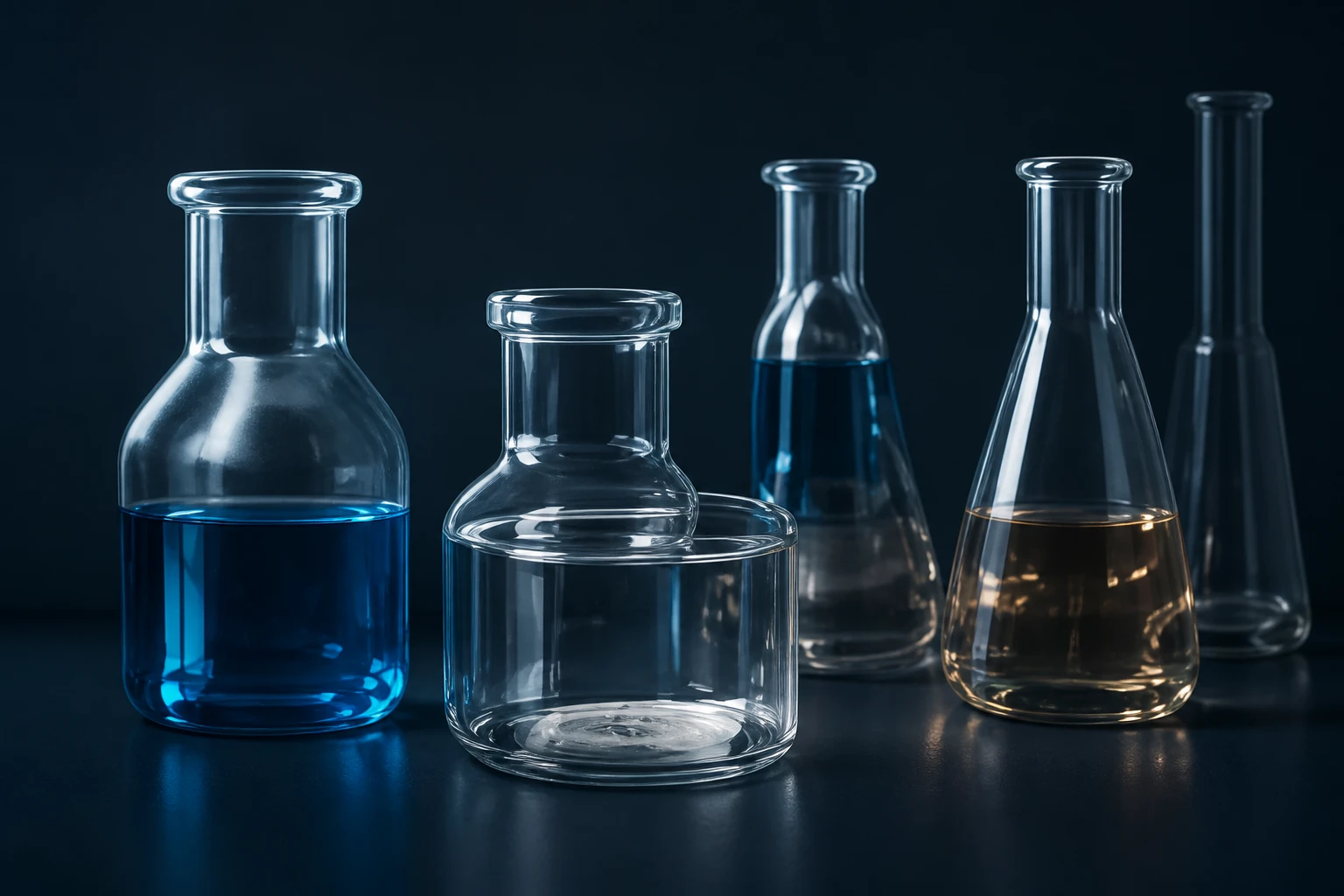Laboratoriumglaswerk met blauwe en amber vloeistoffen