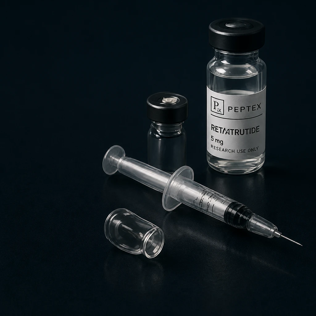 Vial, injectiespuiten en naalden op een donker oppervlak.