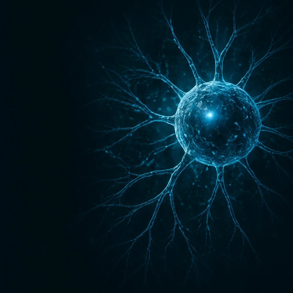 Verlicht neuronnetwerk in blauw op een donkere achtergrond.