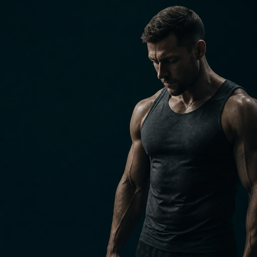 Atleet in donkere tanktop, laag belicht — herstel en performance.