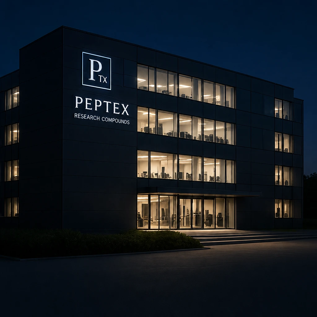 Het Peptex Research Compounds gebouw in Amsterdam bij schemering — verlichte gevel met wordmark