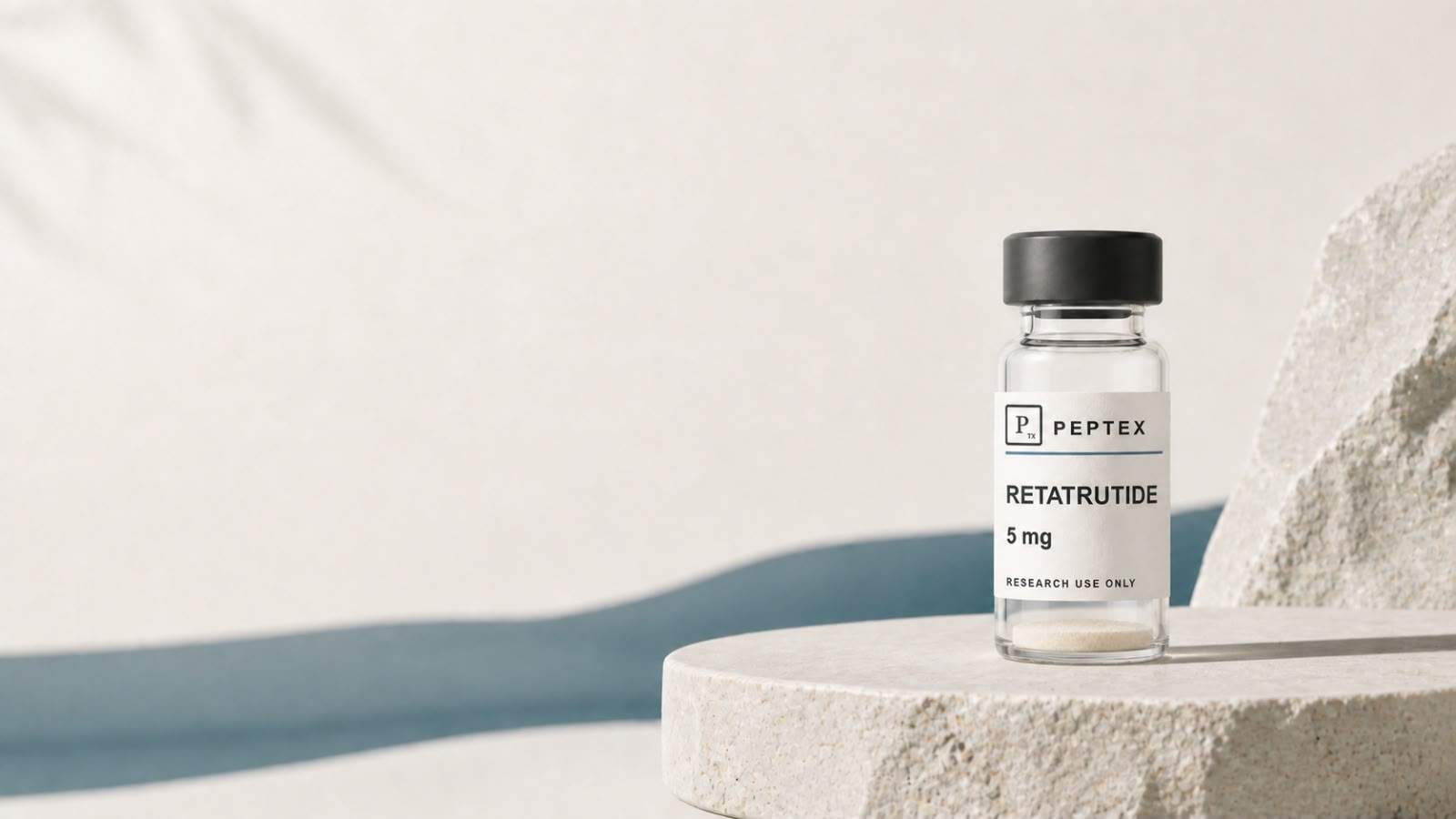 Peptex Retatrutide 5 mg vial op een stenen sokkel — Research Use Only