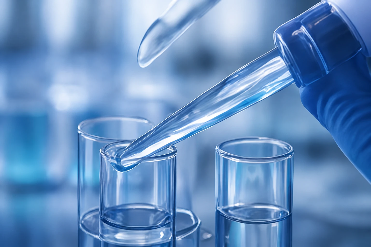 Pipetteerwerk in een laboratorium, klinisch blauw licht