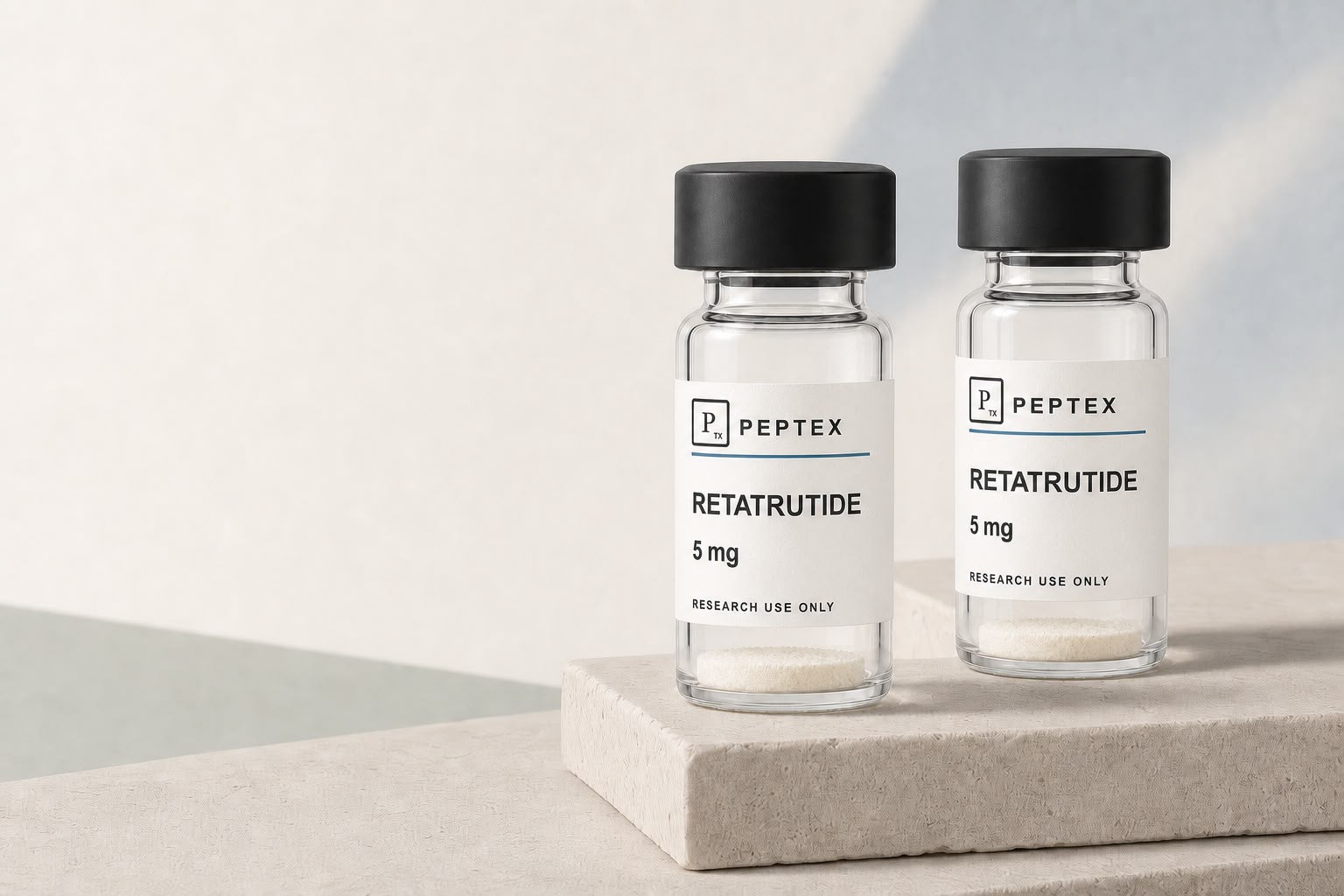 Peptex BPC-157 5 mg vials op steen — studio-opname