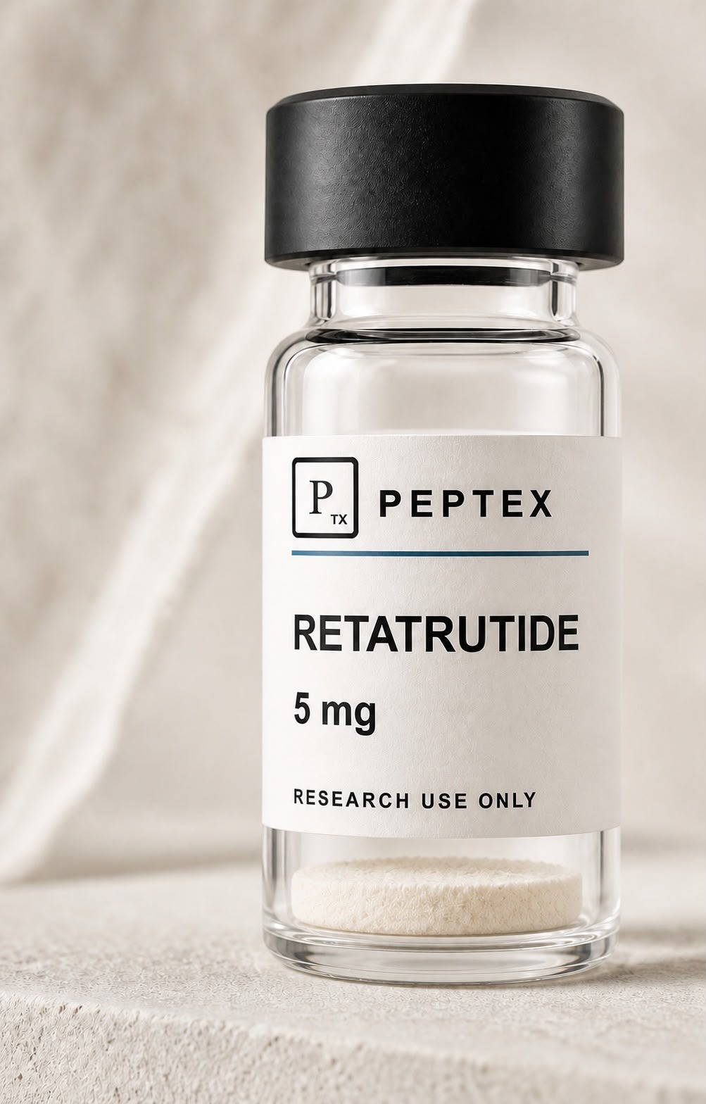 Peptex-vial Retatrutide 5 mg, research use only.